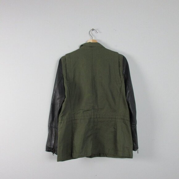 Club Monaco Alixi Utility Moto Jacket Women M Green Black Leather Sleeves 796 - Picture 2 of 14